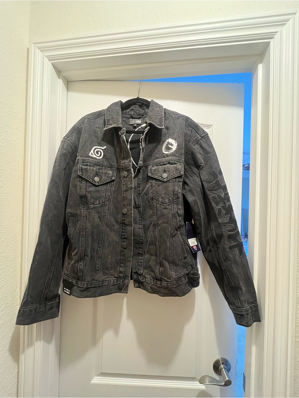 Men's Black Naruto Graphic Denim Jacket with Embroidery